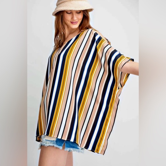 Brand New EASEL Cold Shoulder Multi Color Stripe Poncho Top Size SMALL - Picture 4 of 5